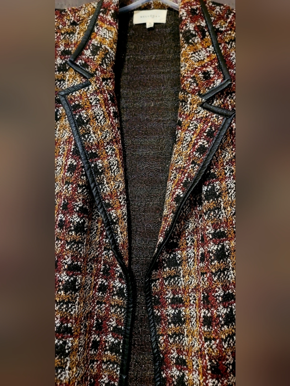 MellowDay Women's Long Tweed Style Jacket With Faux Leather Lining Sz XL - Picture 7 of 12